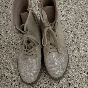 Stylish Tan Lace-Up Boots with Rhinestone Detail